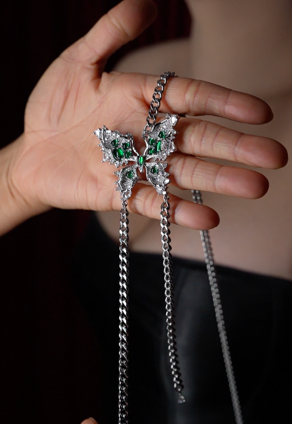 Emerald Nocturne butterfly tassel necklace, full product detail