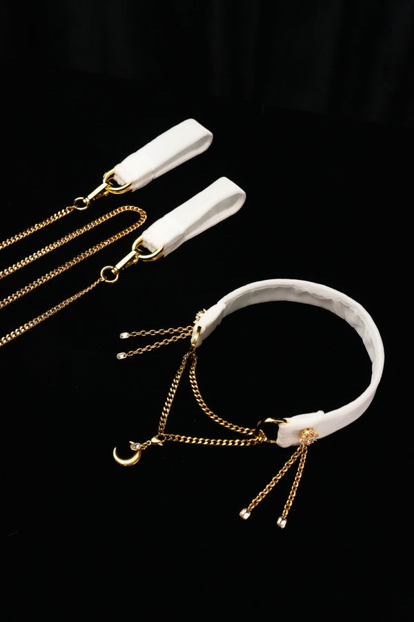 IVORY REVERIE white choker with matching white cuffs and gold-tone chains