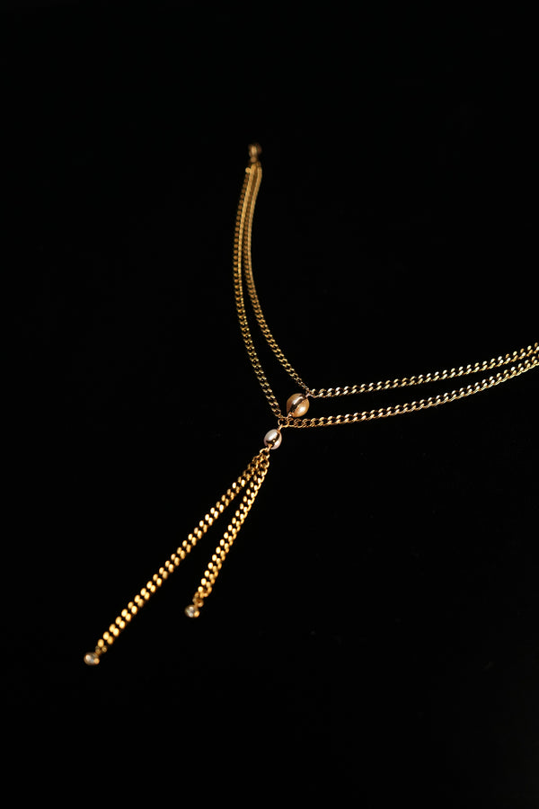 PEARL DUET | Gold Double-Layer Pearl Tassel Necklace, product image 1
