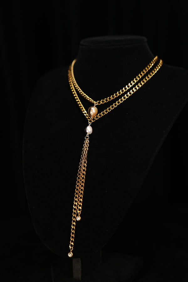 PEARL DUET | Gold Double-Layer Pearl Tassel Necklace, product image 2