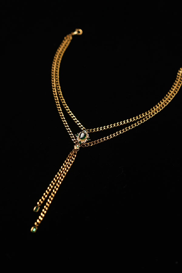 VERDANT DUET | Green & Gold Double-Layer Tassel Necklace, product image 1