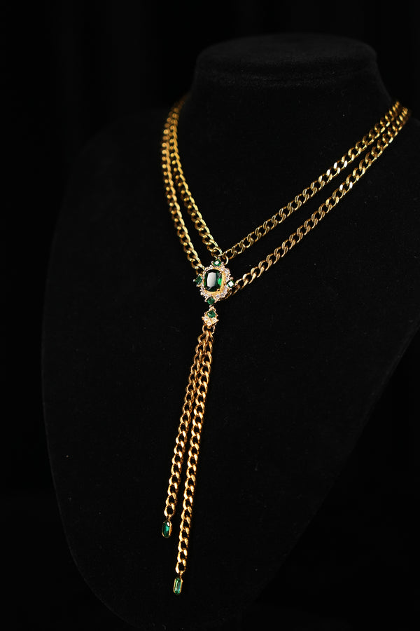 VERDANT DUET | Green & Gold Double-Layer Tassel Necklace, product image 2