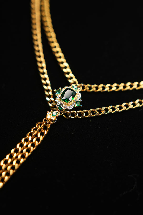 VERDANT DUET | Green & Gold Double-Layer Tassel Necklace, product image 3
