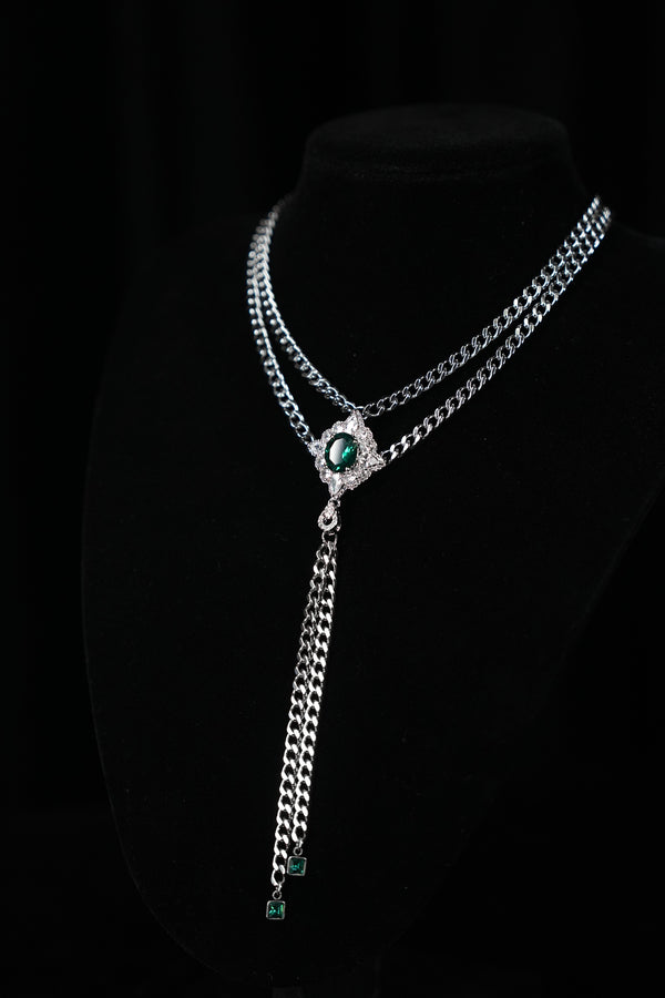 VERDANT DUET | Green & Silver Double-Layer Tassel Necklace, product image 2
